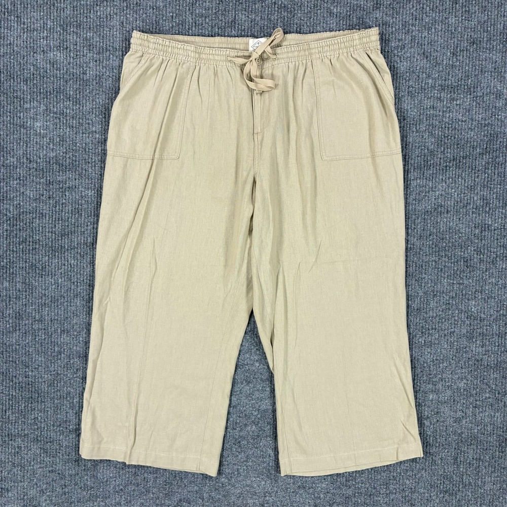 St Johns Bay Womens 2X Linen Blend Capri Pants Beige Pull On Drawstring Pockets